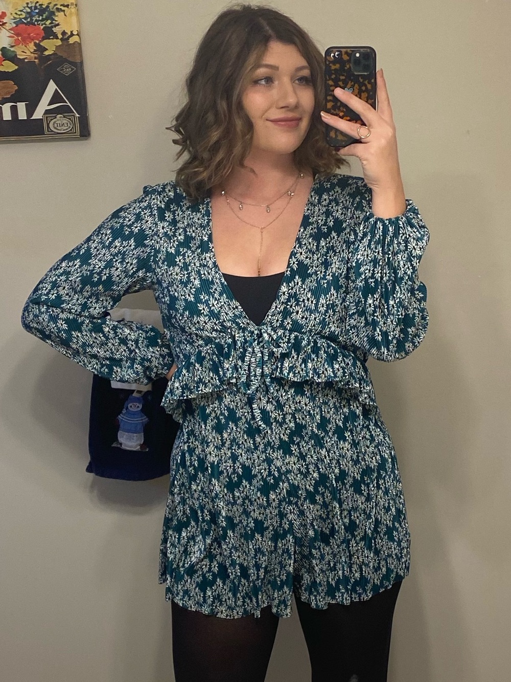 Topshop Dark Green Floral V-Neck Romper